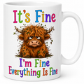 Personalised Name Highland Cow Mug, Sarcastic "It's Fine" Quote, Anxious Cow Ceramic Cup, 11oz