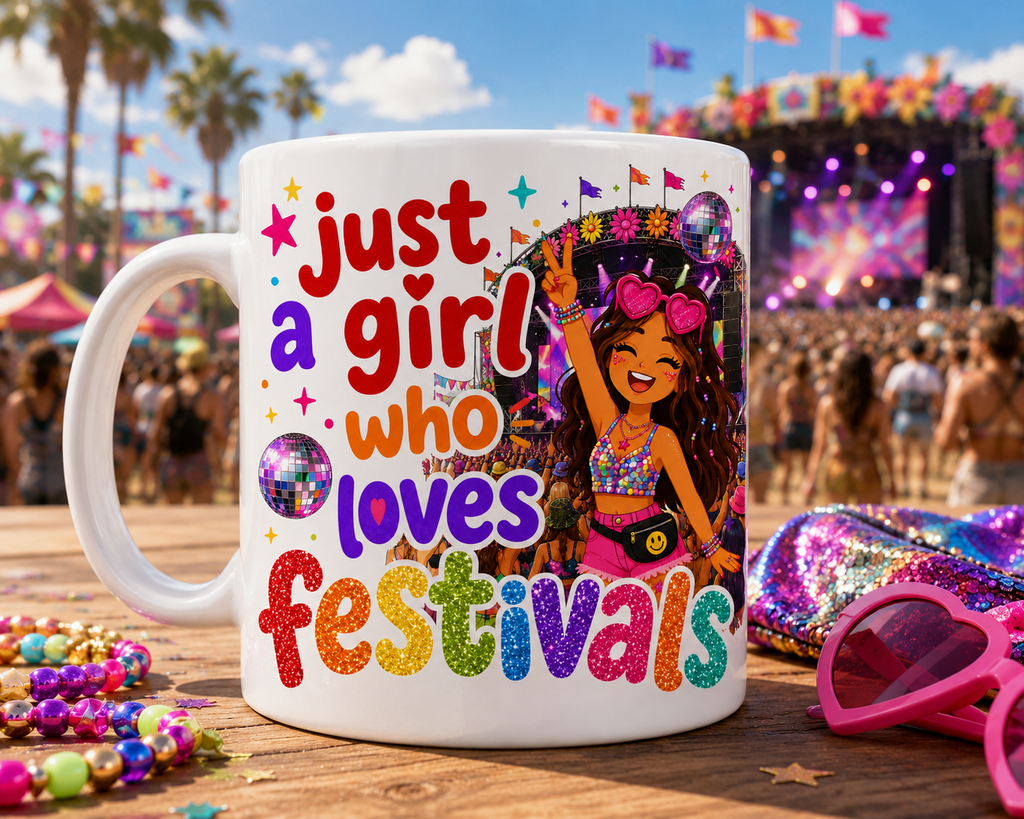 Just A Girl Who Loves Festivals Mug – Blonde or Brown Hair Option – Festival Lover Gift – Colourful Glitter Style Coffee Mug – Music Festival Cup, 11oz