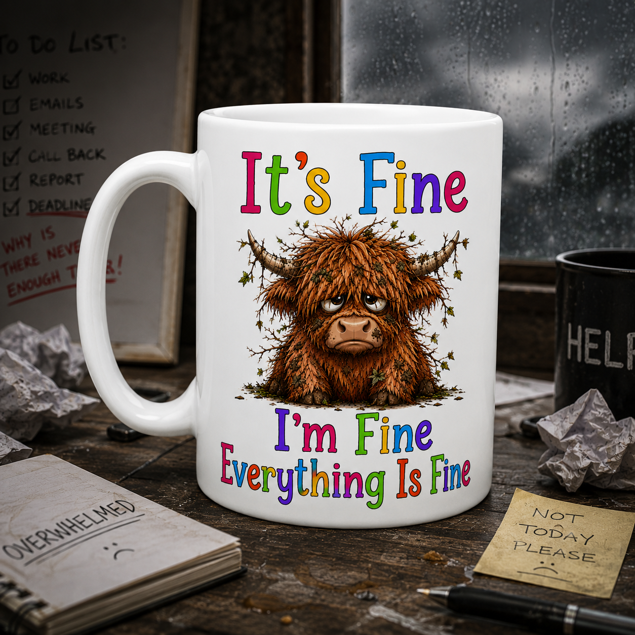 Personalised Name Highland Cow Mug, Sarcastic "It's Fine" Quote, Anxious Cow Ceramic Cup, 11oz