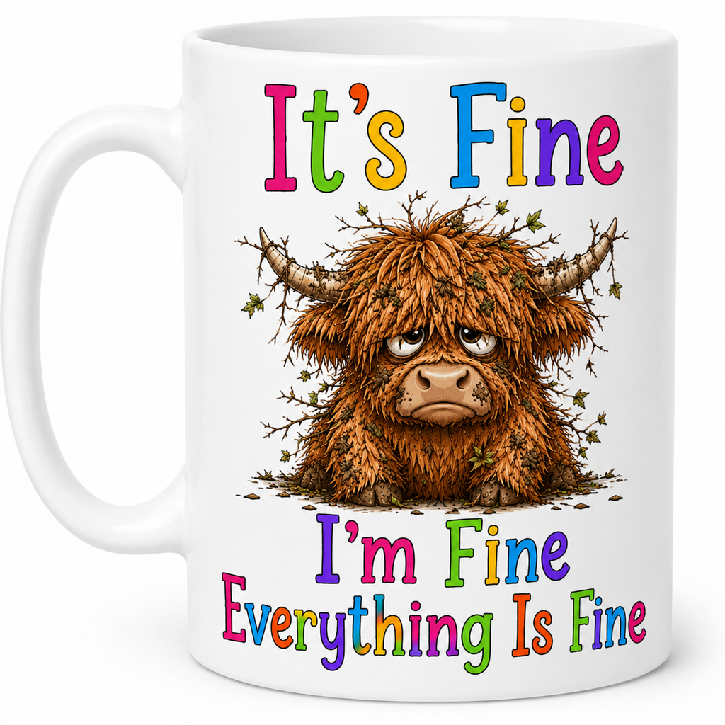 Personalised Name Highland Cow Mug, Sarcastic "It's Fine" Quote, Anxious Cow Ceramic Cup, 11oz