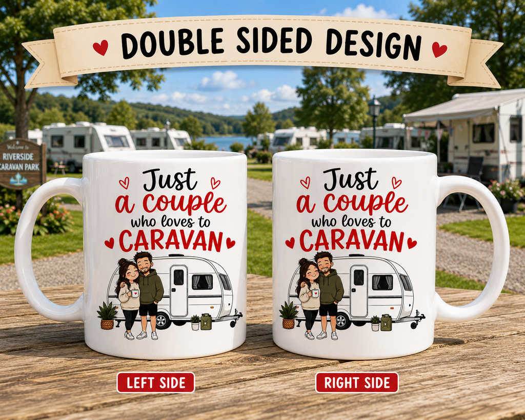 Personalised Funny Caravan Couple Mug – Static Caravan or Touring Caravan Design – Gift for Caravan Lovers – Camping Couple Coffee Mug – UK Made Ceramic Mug 11oz