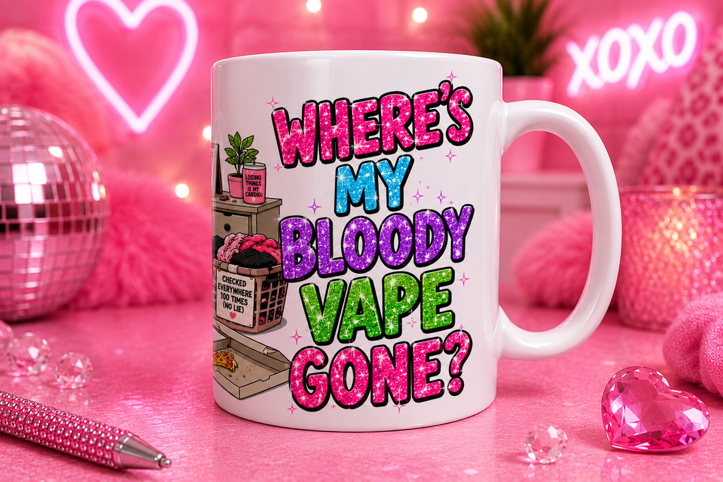 Where’s My Bloody Vape Gone? Glitter Cartoon Mug | Funny Pink Coffee Mug | Gift for Vape Lovers, 11oz mug.