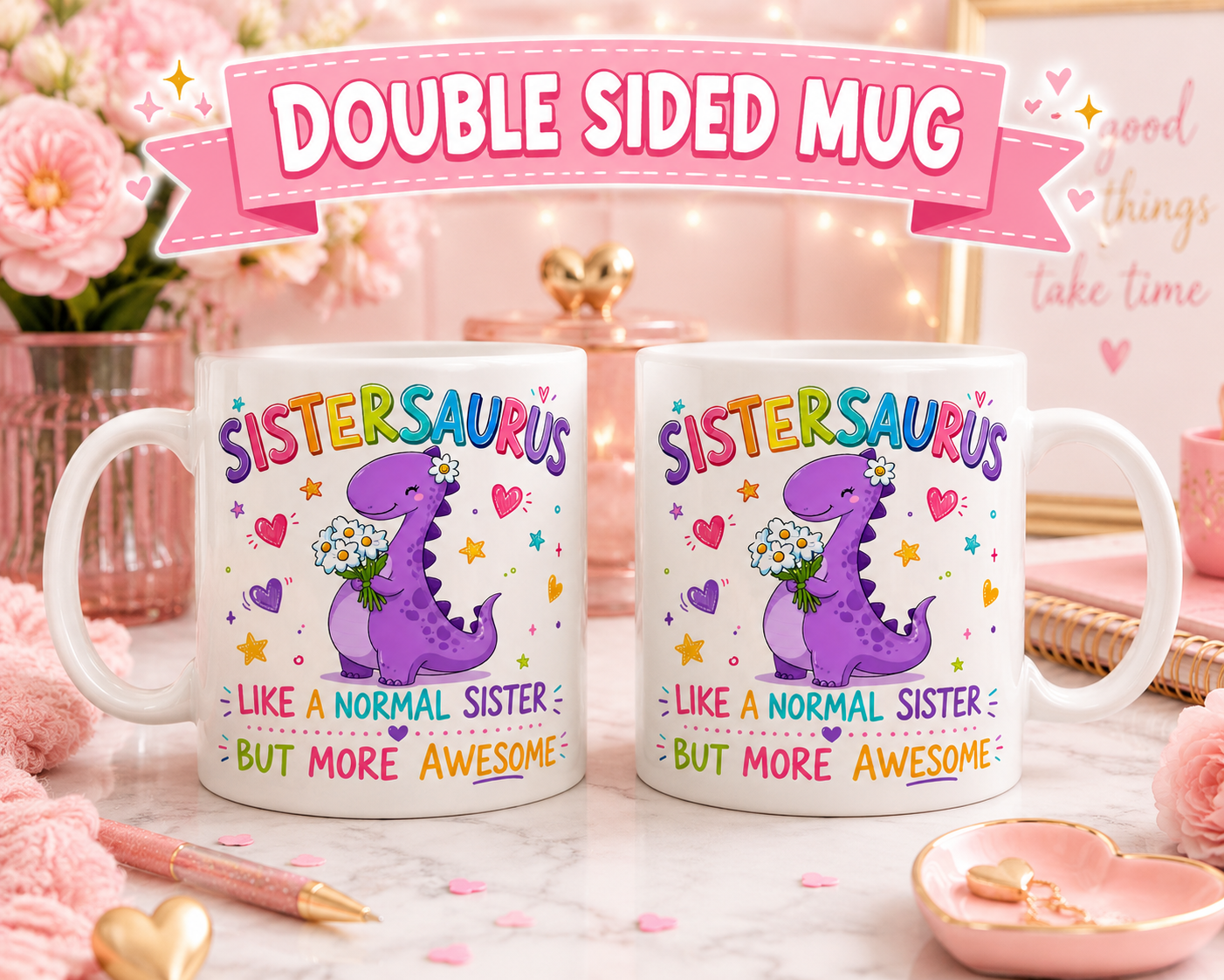 SisterSaurus Dinosaur Mug – Cute Sister Gift Coffee Cup – Funny Colourful Dino Mug for Sister, personalised 11oz