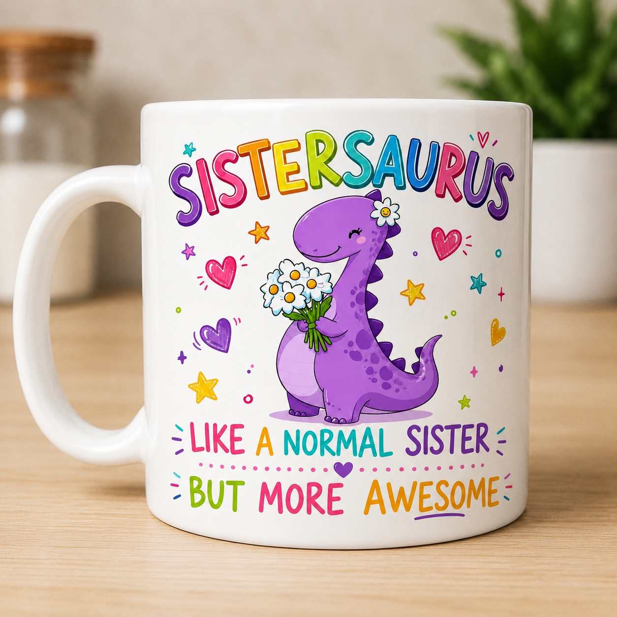 SisterSaurus Dinosaur Mug – Cute Sister Gift Coffee Cup – Funny Colourful Dino Mug for Sister, personalised 11oz
