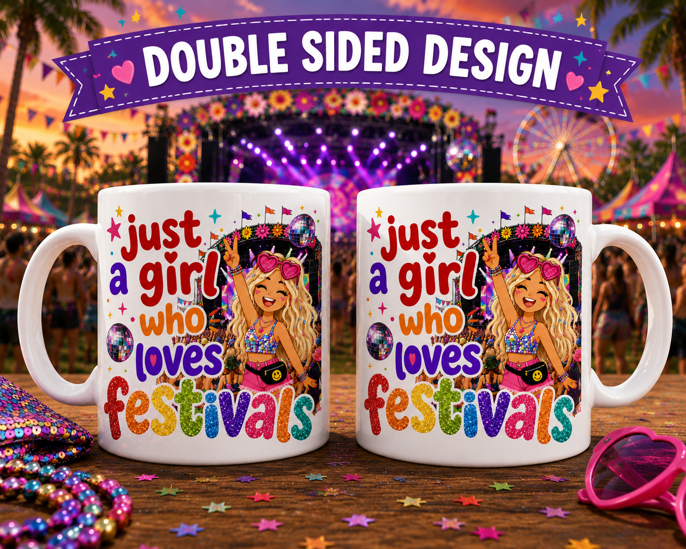 Just A Girl Who Loves Festivals Mug – Blonde or Brown Hair Option – Festival Lover Gift – Colourful Glitter Style Coffee Mug – Music Festival Cup, 11oz