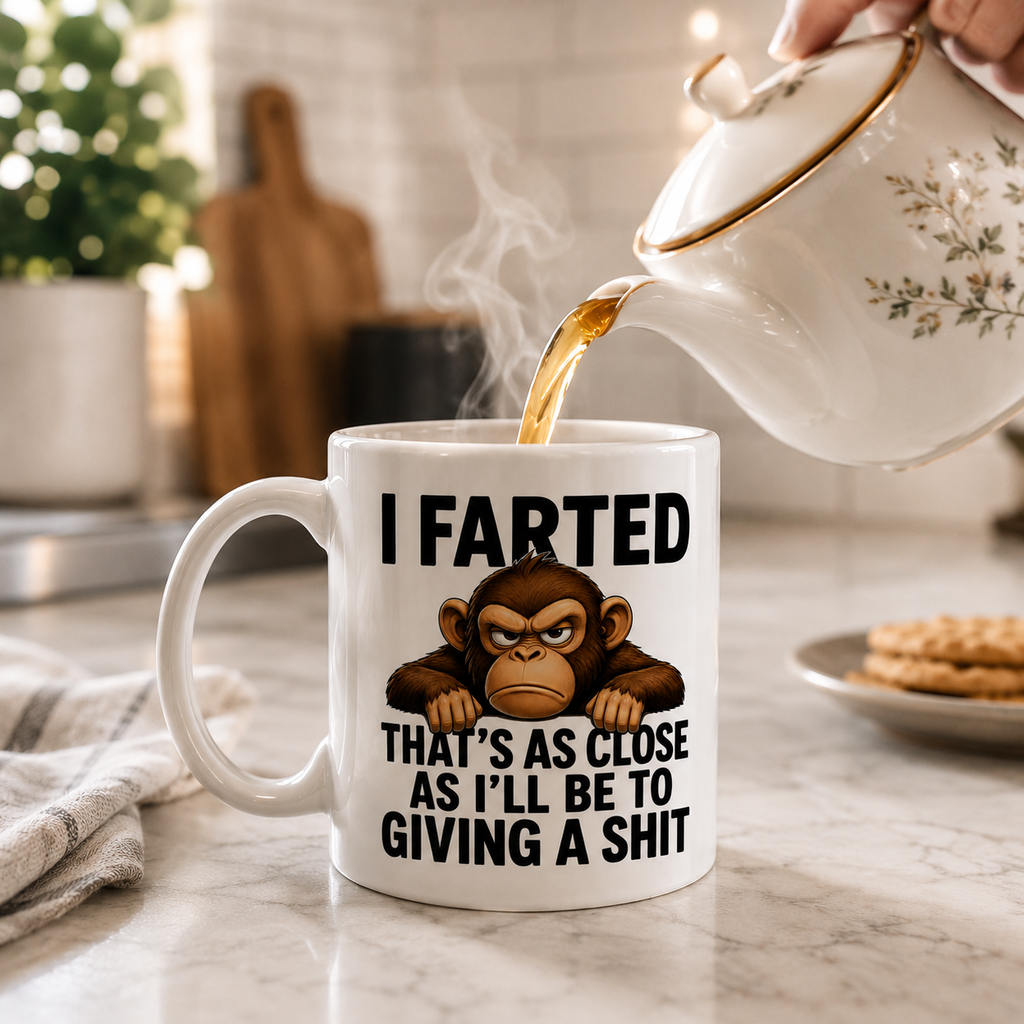 I farted that's as close as I'll be to giving a shit, funny monkey mug, double sided, 11oz mug, sarcastic