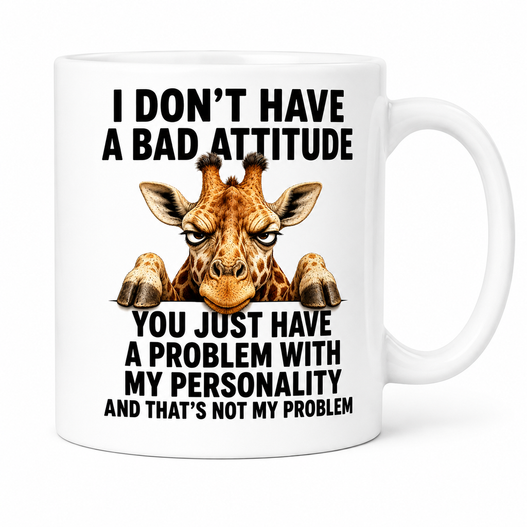 Grumpy Giraffe funny coffee mug, i don't have a bad attitude, double sided mug, 11oz.