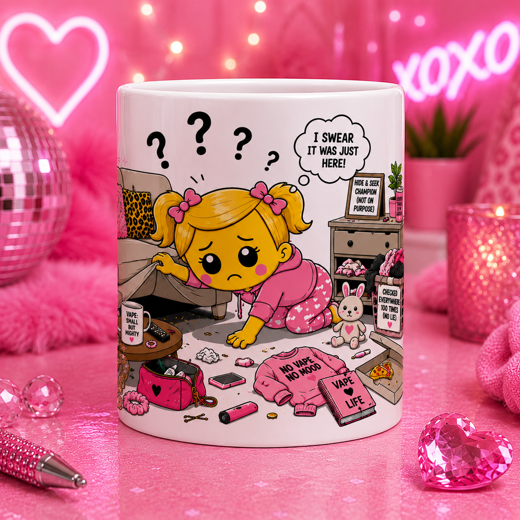 Where’s My Bloody Vape Gone? Glitter Cartoon Mug | Funny Pink Coffee Mug | Gift for Vape Lovers, 11oz mug.