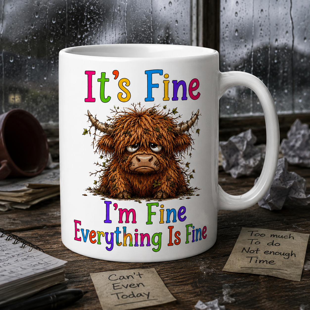 Personalised Name Highland Cow Mug, Sarcastic "It's Fine" Quote, Anxious Cow Ceramic Cup, 11oz