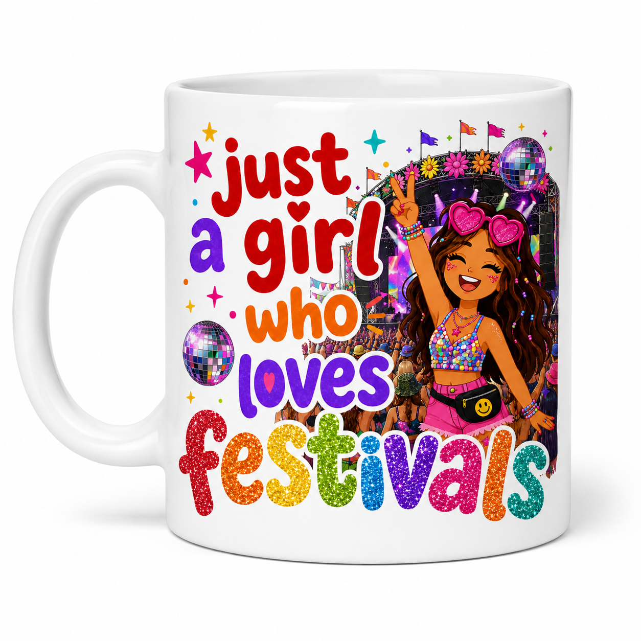 Just A Girl Who Loves Festivals Mug – Blonde or Brown Hair Option – Festival Lover Gift – Colourful Glitter Style Coffee Mug – Music Festival Cup, 11oz