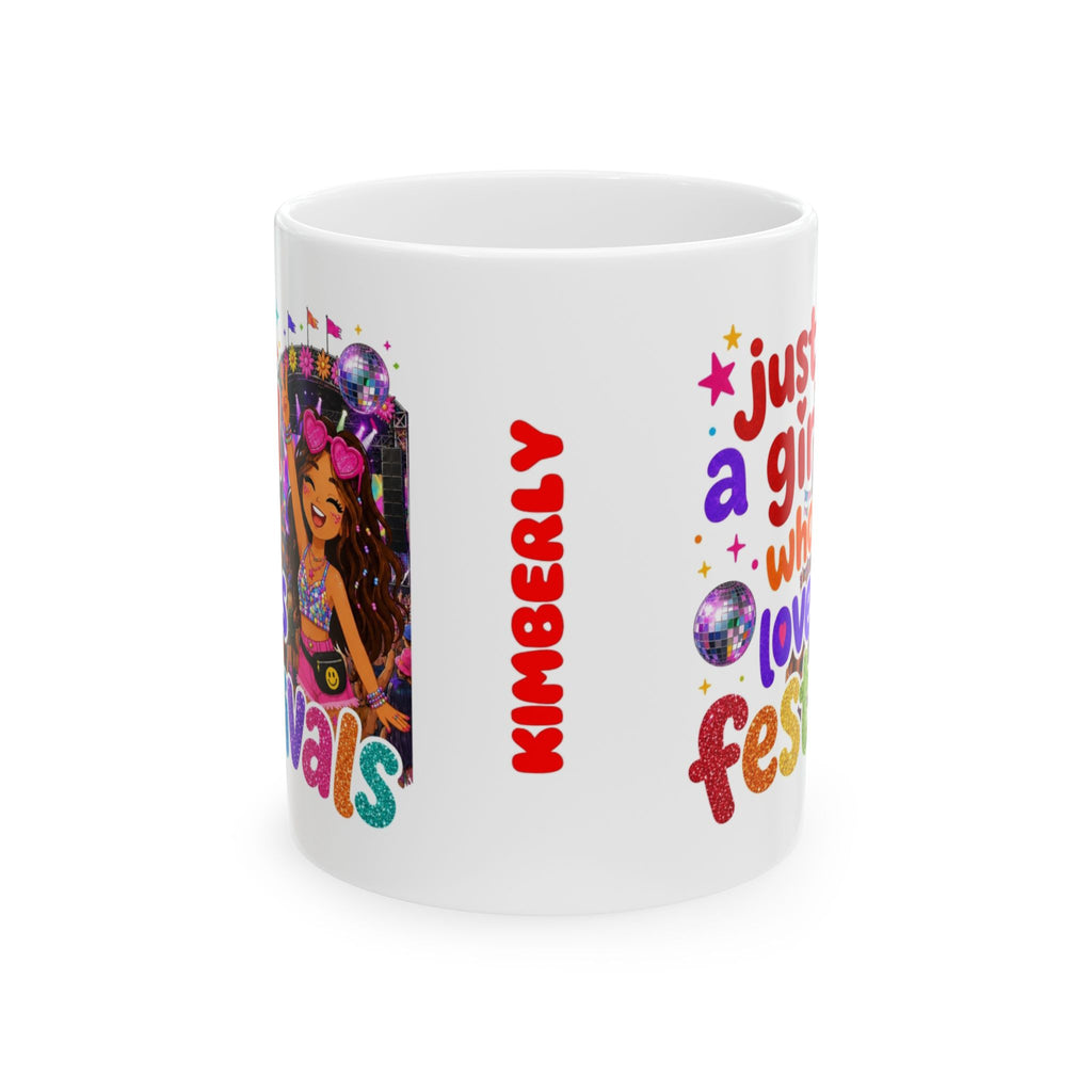 Just A Girl Who Loves Festivals Mug – Blonde or Brown Hair Option – Festival Lover Gift – Colourful Glitter Style Coffee Mug – Music Festival Cup, 11oz
