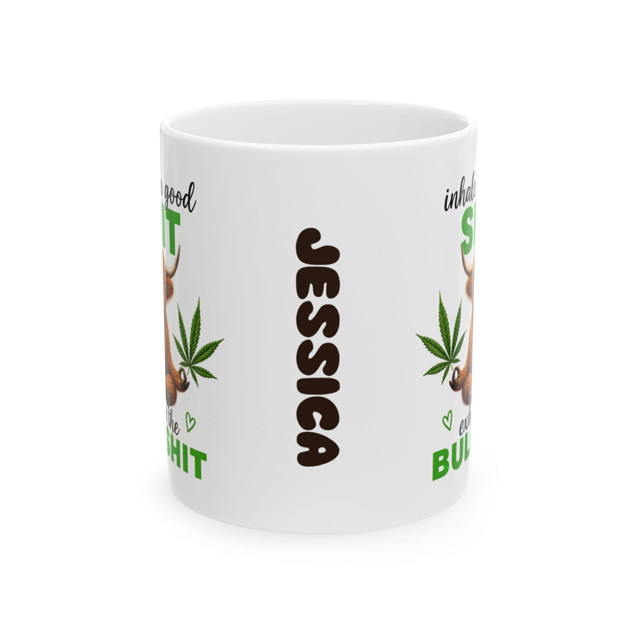 Personalised Inhale the Good Sht, Exhale the Bullsht Mug – Funny Highland Cow Cannabis Coffee Mug | Chill Vibes Novelty Ceramic Cup | Gift for Stoner Friends, Weed Lovers & Cow Lovers | 11oz White Mug