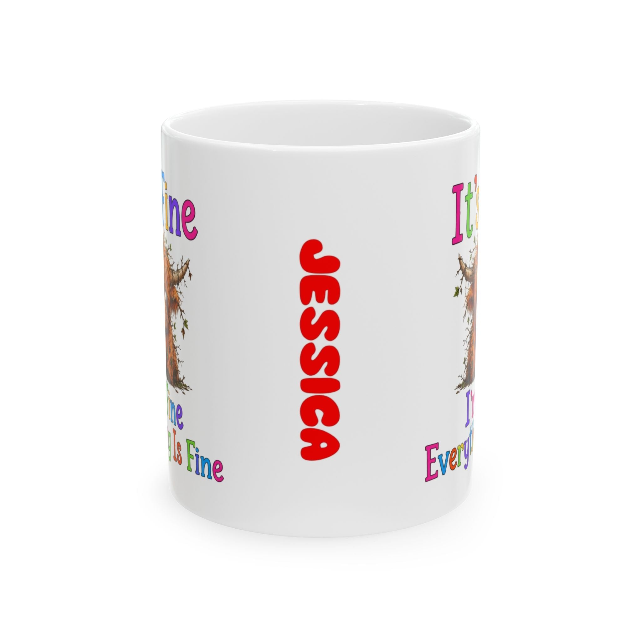 Personalised Name Highland Cow Mug, Sarcastic "It's Fine" Quote, Anxious Cow Ceramic Cup, 11oz