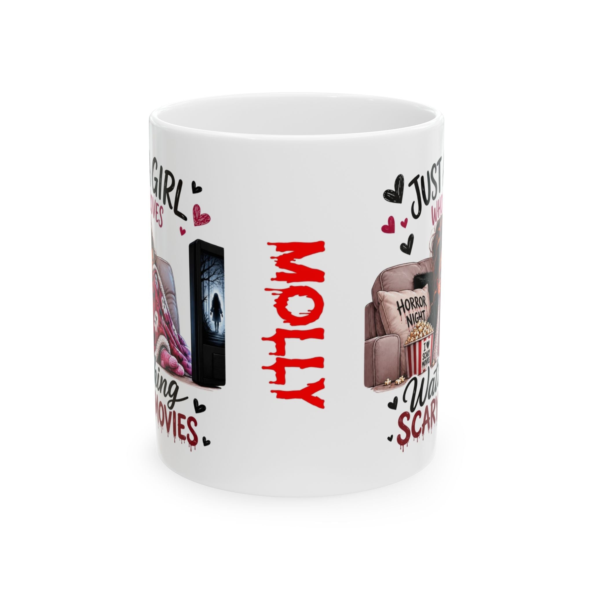 Personalised Just a girl who loves watching scary movies, scary film, 11oz mug, horror coffee mug.