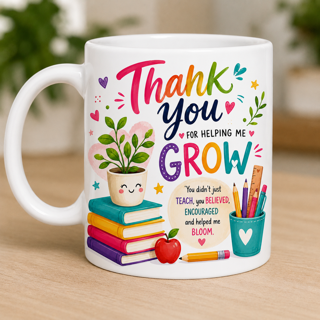 Personalised “Thank you for helping me grow. You didn’t just teach, you believed, encouraged, and helped me bloom.” Teachers thank you mug, 11oz ceramic