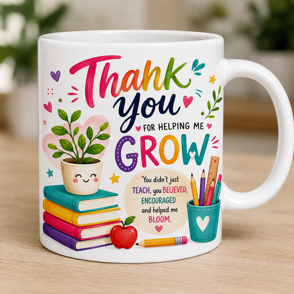 Personalised “Thank you for helping me grow. You didn’t just teach, you believed, encouraged, and helped me bloom.” Teachers thank you mug, 11oz ceramic