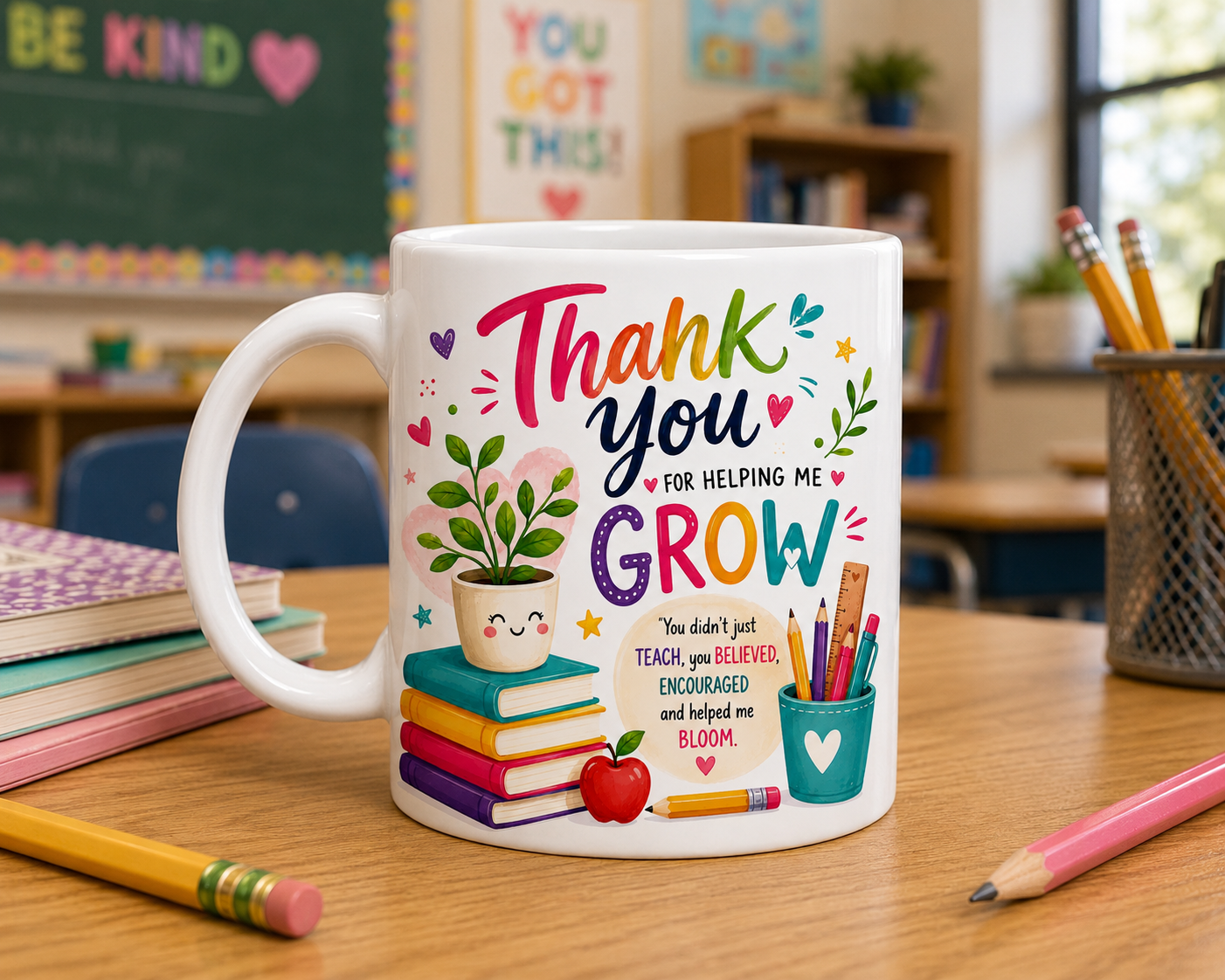 Personalised “Thank you for helping me grow. You didn’t just teach, you believed, encouraged, and helped me bloom.” Teachers thank you mug, 11oz ceramic