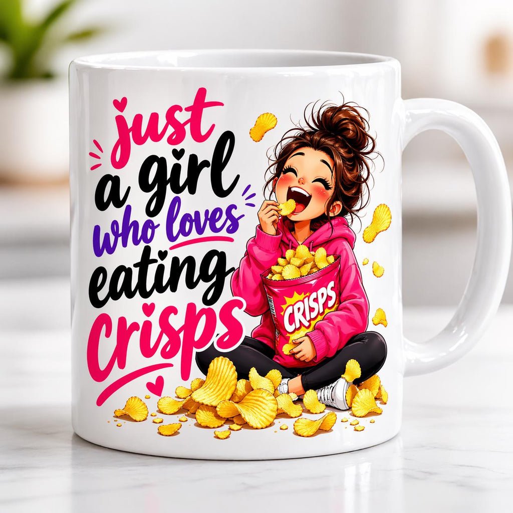 Just a girl who loves crisps, mug, personalised, gift, cute, fun, crisps, snacks