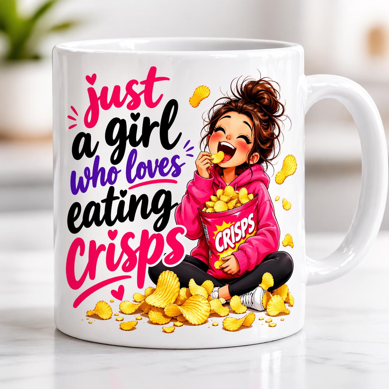 Just a girl who loves crisps, mug, personalised, gift, cute, fun, crisps, snacks