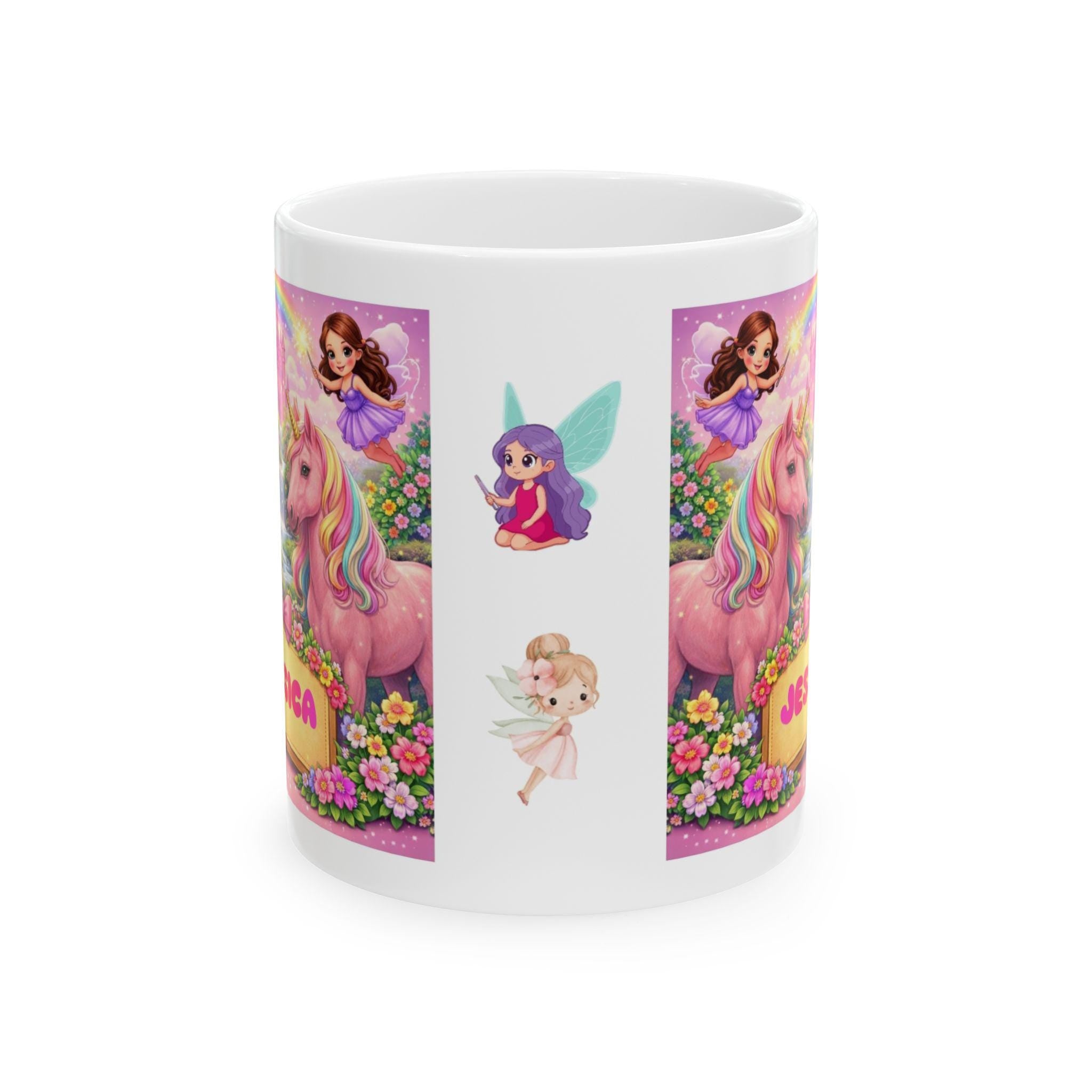 Personalised Children's Unicorn & Fairy Mug, 11oz Ceramic, Pink, Girl
