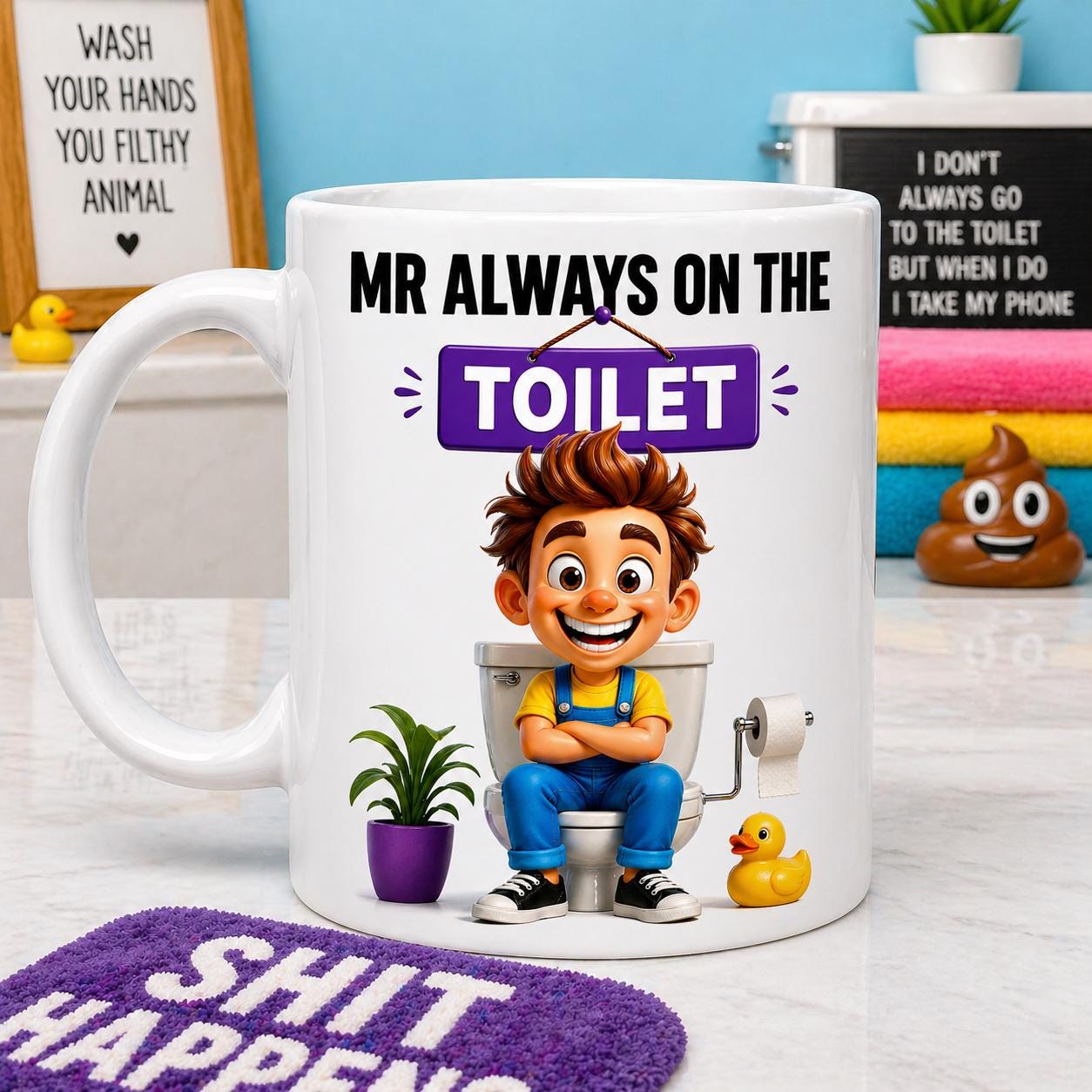 Personalised Mr Always on Toilet Funny Mug, Novelty Gift, 11oz Ceramic Cup