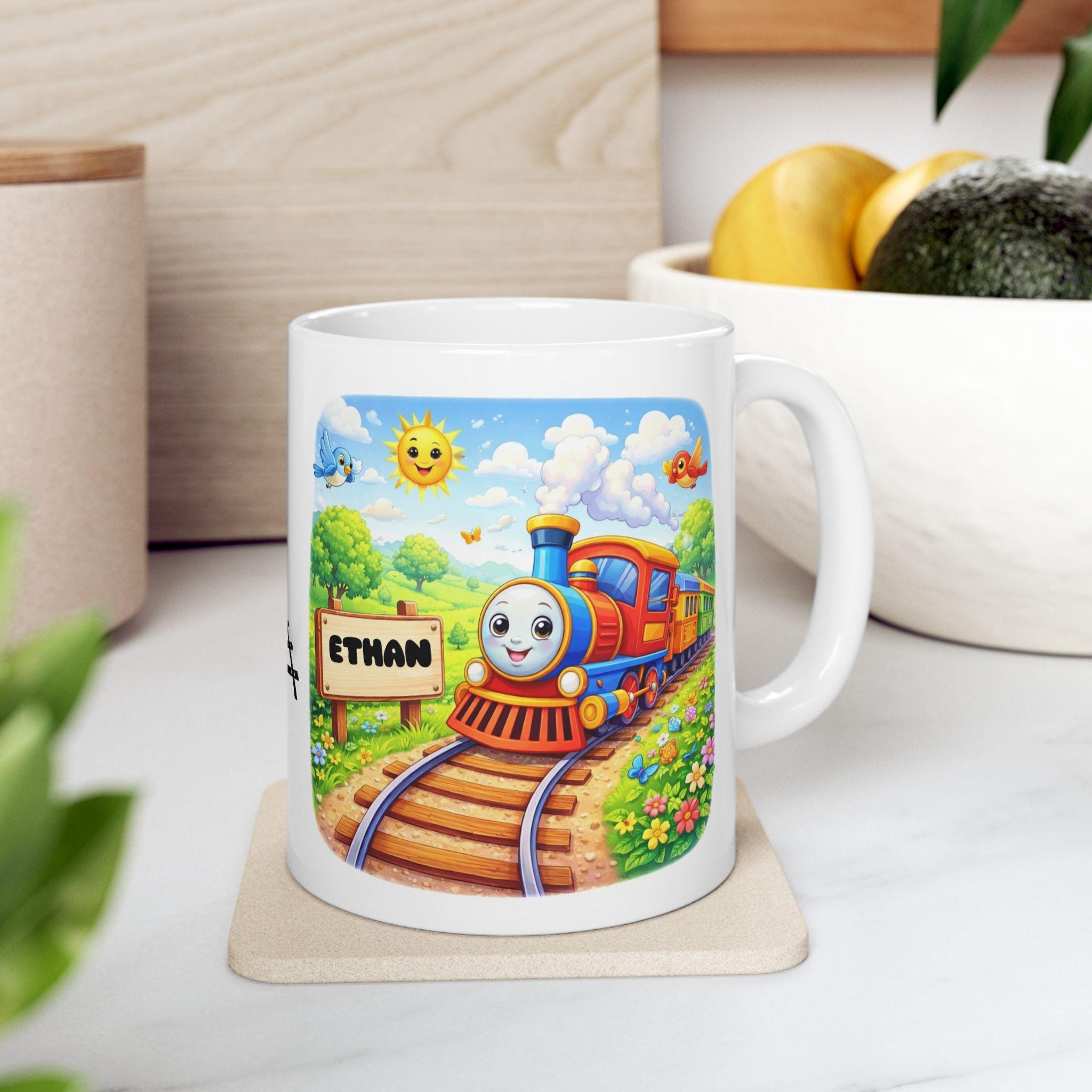 Personalised Children's Train Mug, 11oz Ceramic, Boy, Girl, Colourful