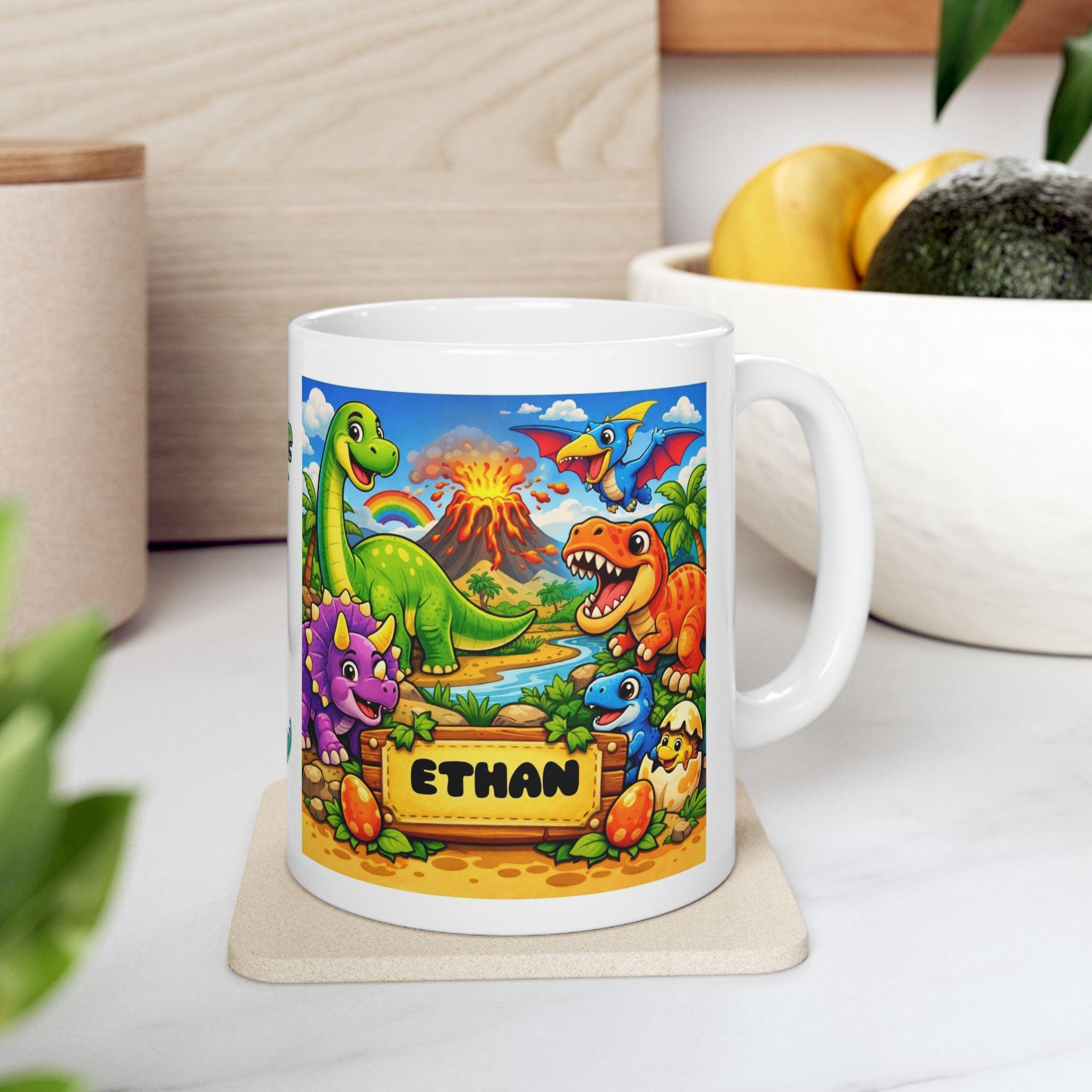 Personalised Children's Dinosaur Mug, 11oz Ceramic, Boy, Girl, Colurful