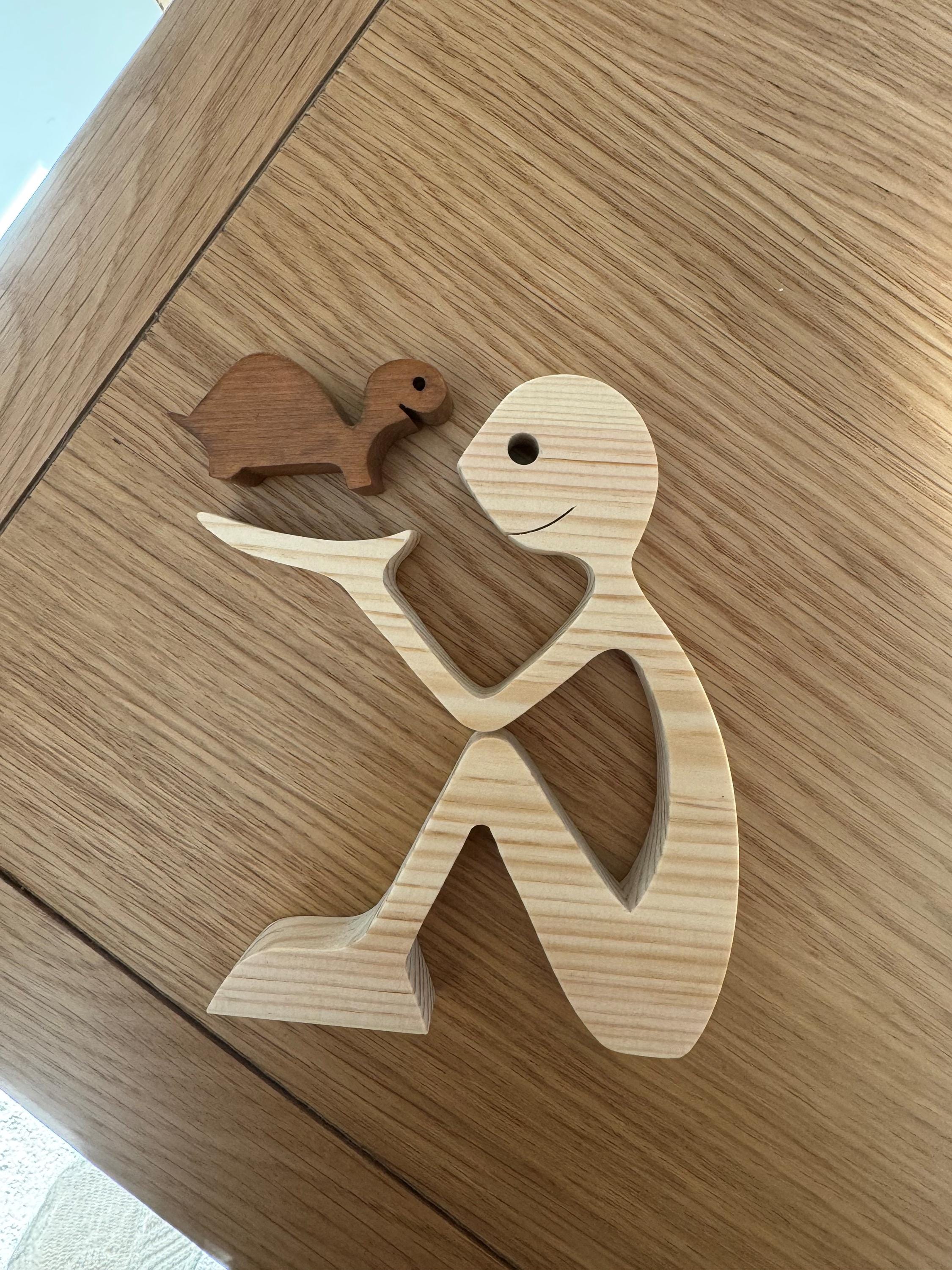 Man and Tortoise, Unique, Wooden figure, Hand made, Gift,  Craftmanship, Animal, Present