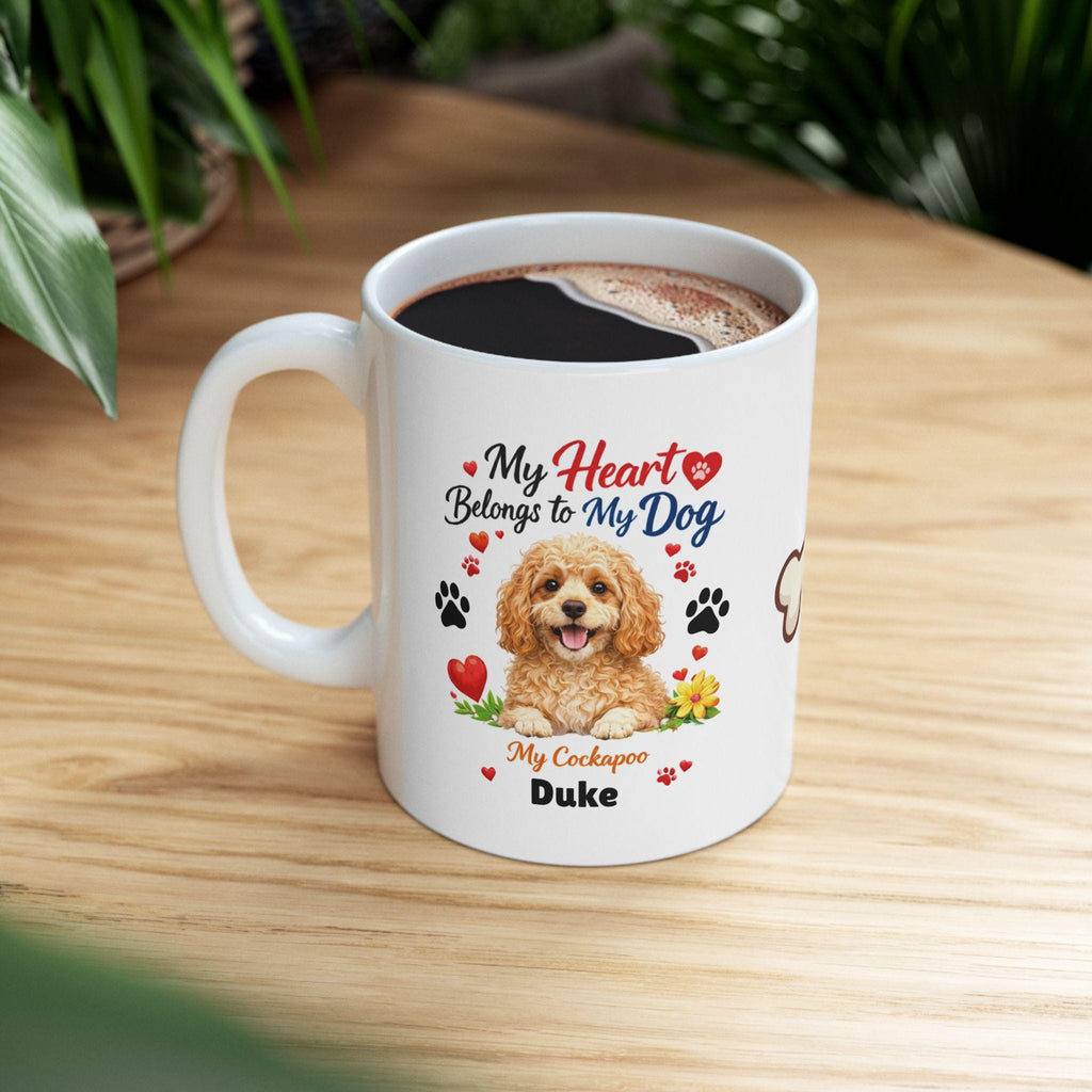 Cockapoo dog mug, my heart belongs to a cockapoo, personalised