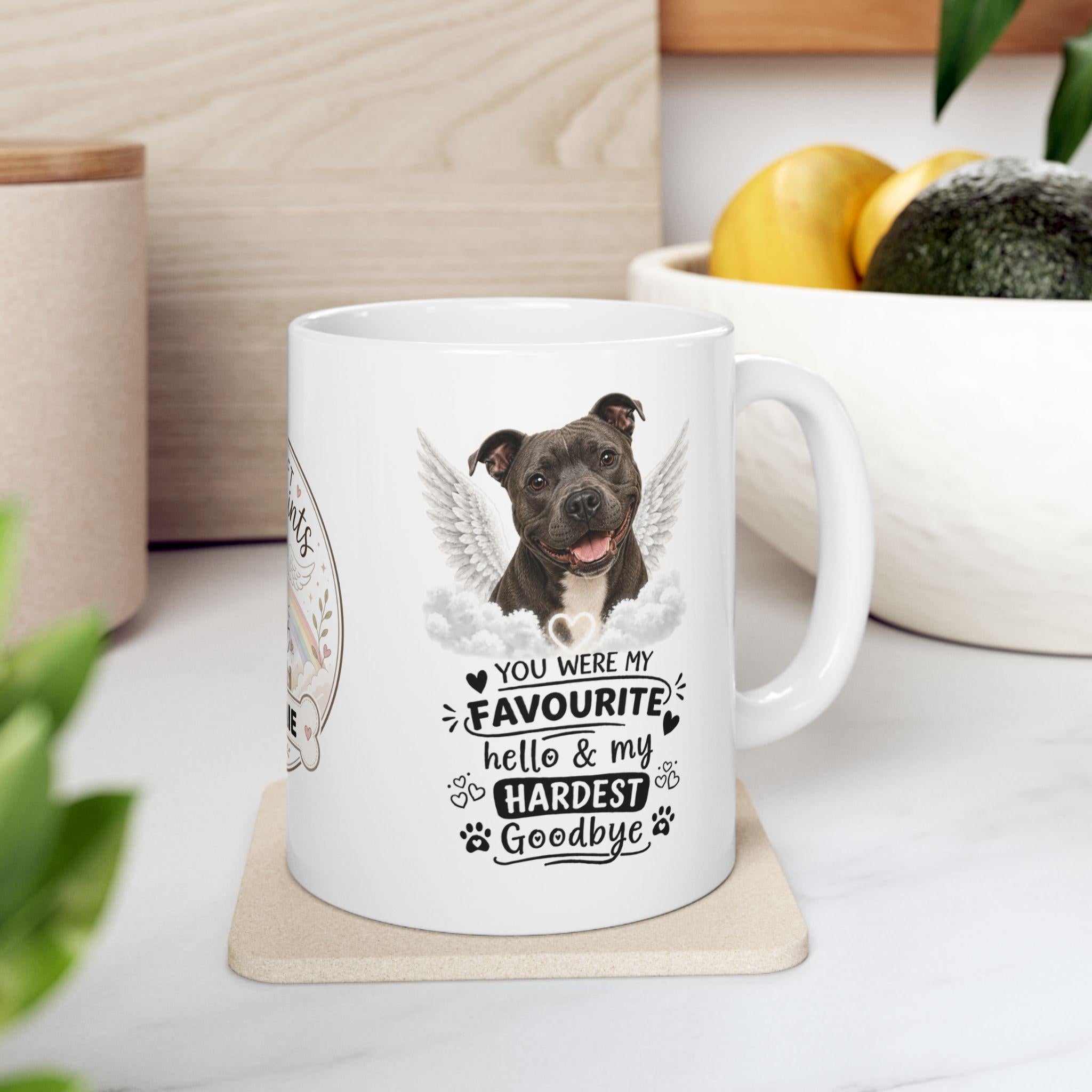 Personalised Staffordshire bull terrier Memorial Mug Personalised, Dog Remembrance Mug, Favourite Hello Hardest Goodbye 11oz