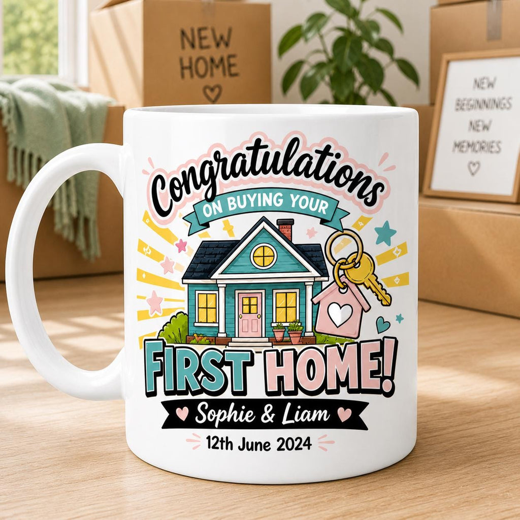 Personalised First Home Mug, New Home Gift For Couple, Housewarming Present, Custom Name & Date Cup, Congratulations on Your New Home, 11oz