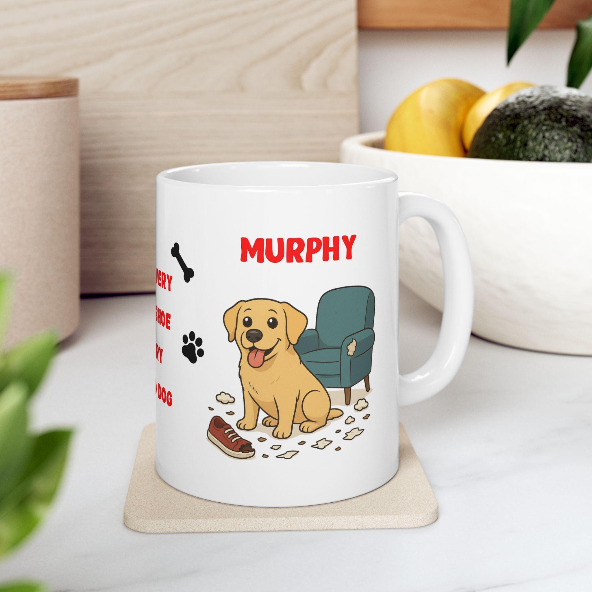 Personalised Labrador dog Mug: chewing shoes quote funny.