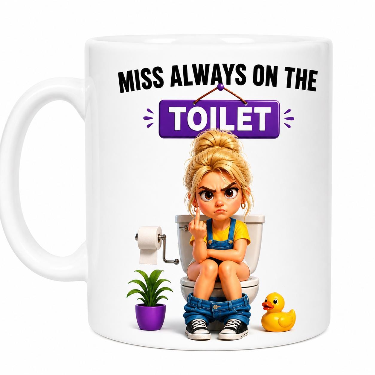 Personalised "Miss Always on the Toilet" Funny Coffee Mug, Choice Of Brown, Blonde or Ginger/Redhead Hair, 11oz Ceramic Coffee Cup