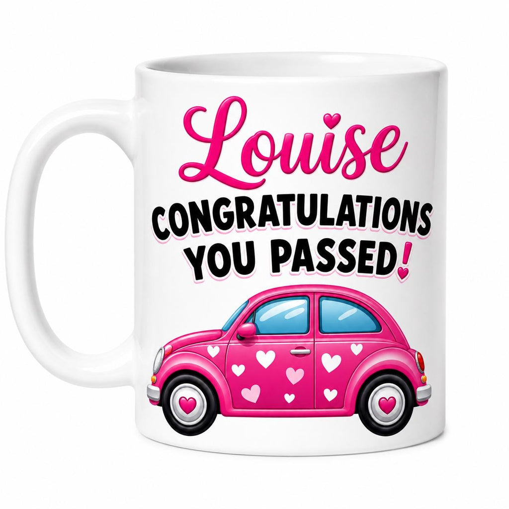 Passed driving test mug, gift, her, xmas, birthday, New driver, fun, car, personalised, pink heart car, 11oz ceramic