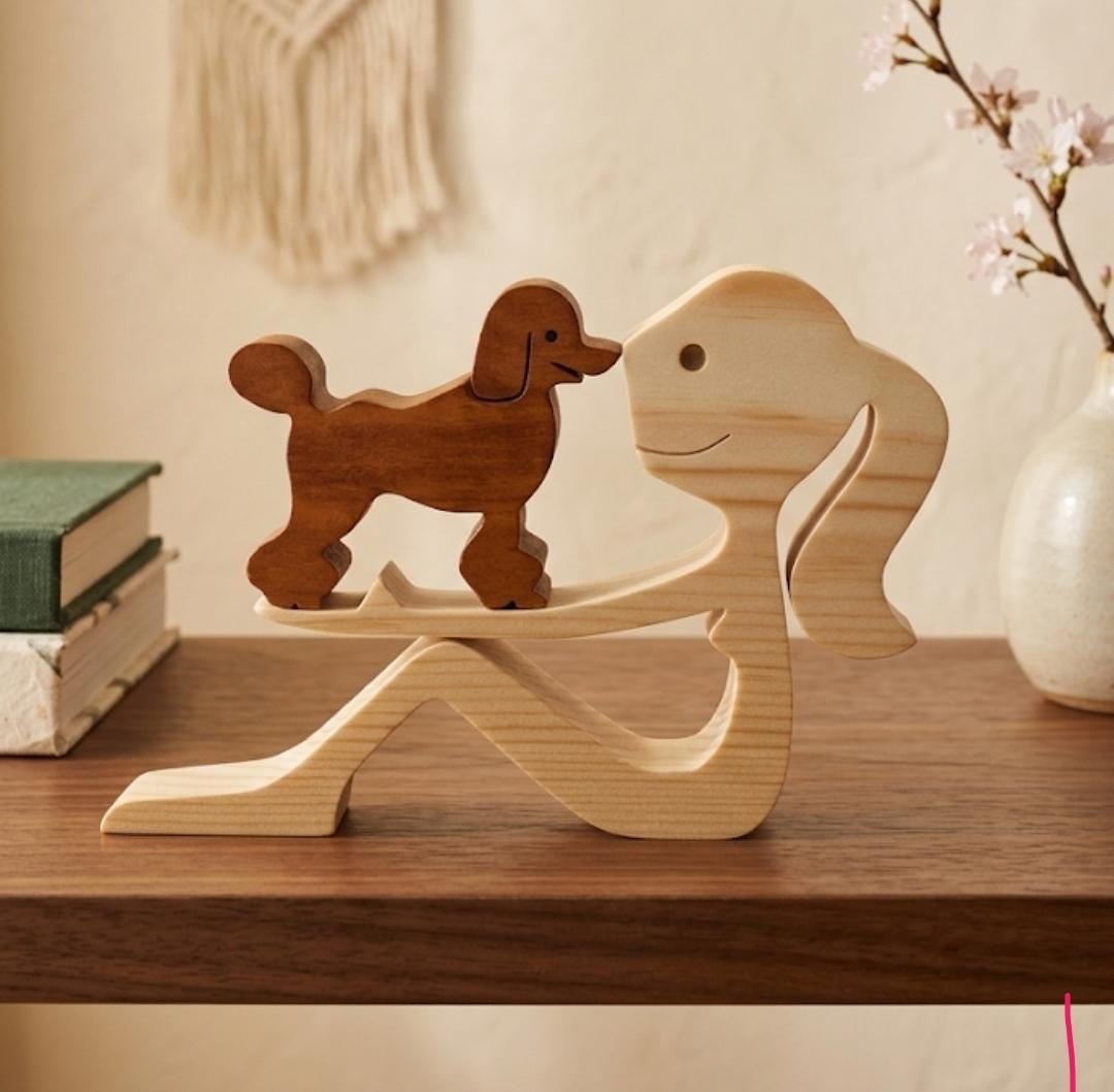 Woman and poodle dog, Wooden sculpture, Hand made, Gift, unique, Craftmanship, Animal.