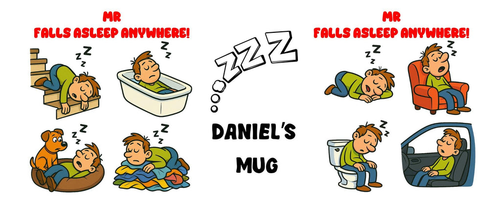 Mr Falls Asleep Anywhere, mug, personalised, fun, man, gift, sleepy