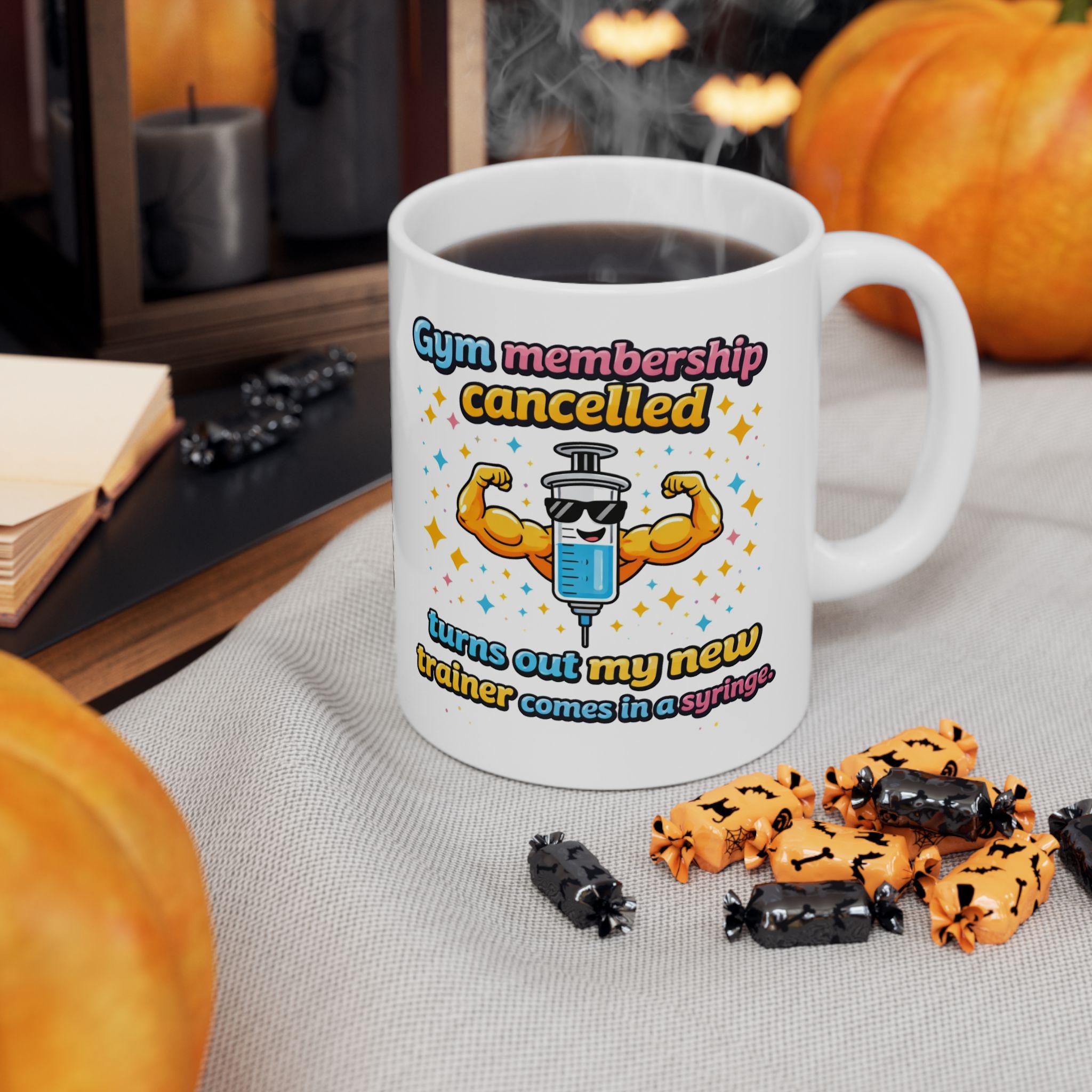 Personalised Funny Weight Loss Jab Mug, Gym Membership Cancelled, 11oz Ceramic Cup