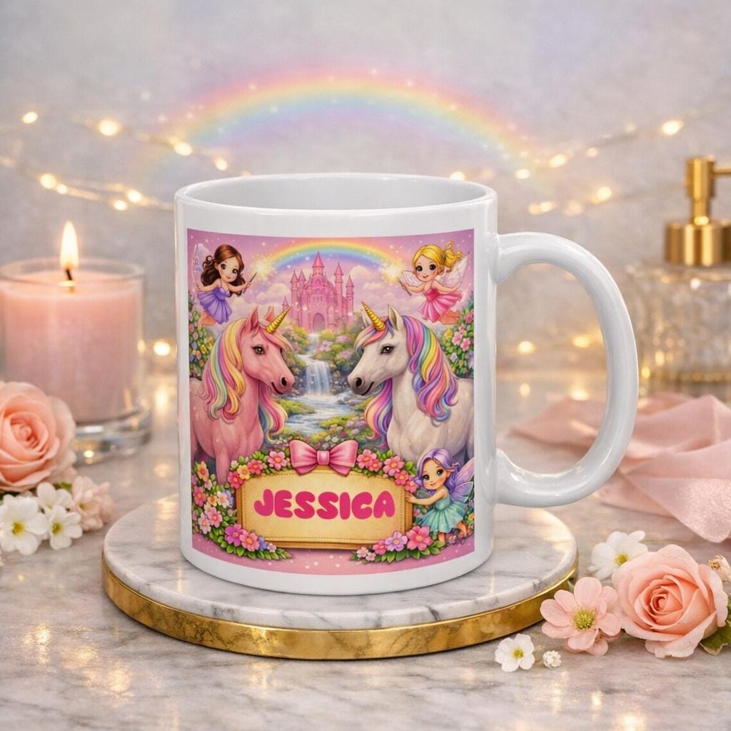 Personalised Children's Unicorn & Fairy Mug, 11oz Ceramic, Pink, Girl