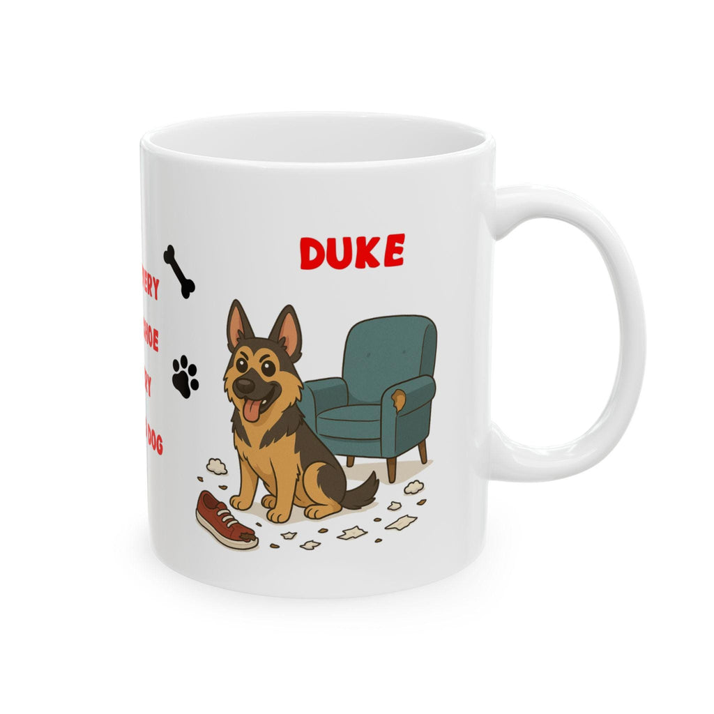Personalised German shepherd dog Mug: chewing shoes quote funny.