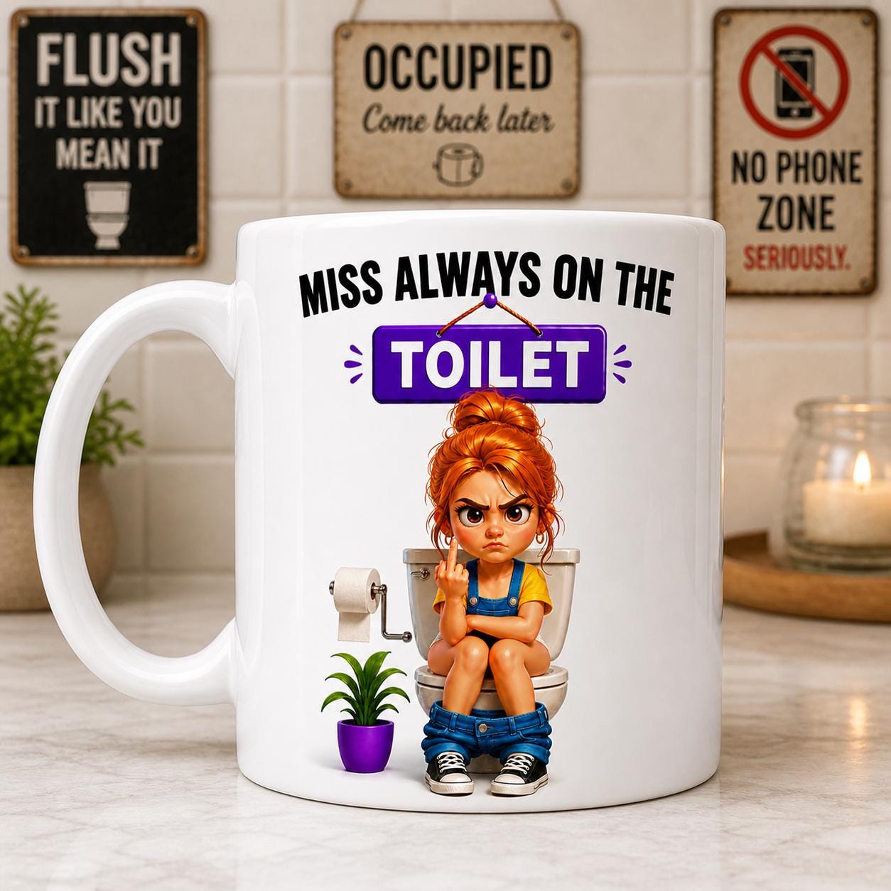 Personalised "Miss Always on the Toilet" Funny Coffee Mug, Choice Of Brown, Blonde or Ginger/Redhead Hair, 11oz Ceramic Coffee Cup