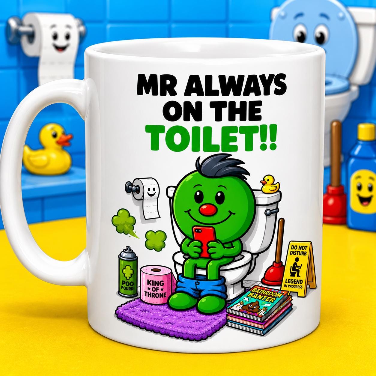 Mr always on the toilet, mug, personalised, gift, cute, fun, toilet, funny W\C, cup, 11oz, cartoon