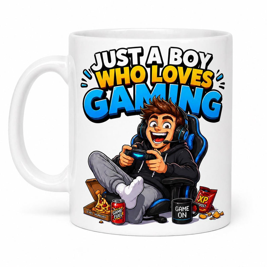 Personalised Just A Boy Who Loves Gaming Mug, Gaming Gift, 11oz Cup, Man, Him, Gamer, 11oz Ceramic