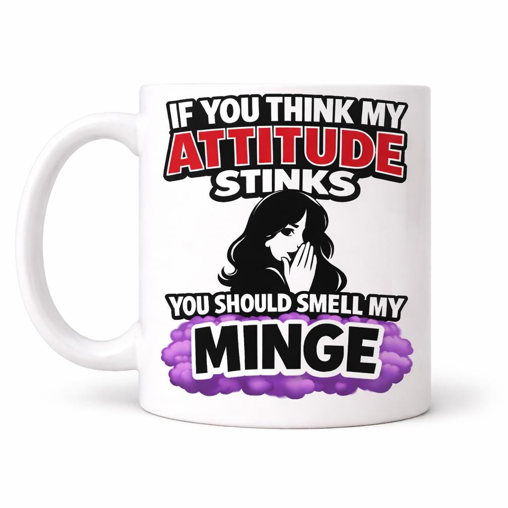 If You Think My Attitude Stinks You Should Smell My Minge Mug, Fanny, Funny, Hilarious, Novelty, Gift, Woman, Jokes, Fun, Cup, Ceramic, 11oz