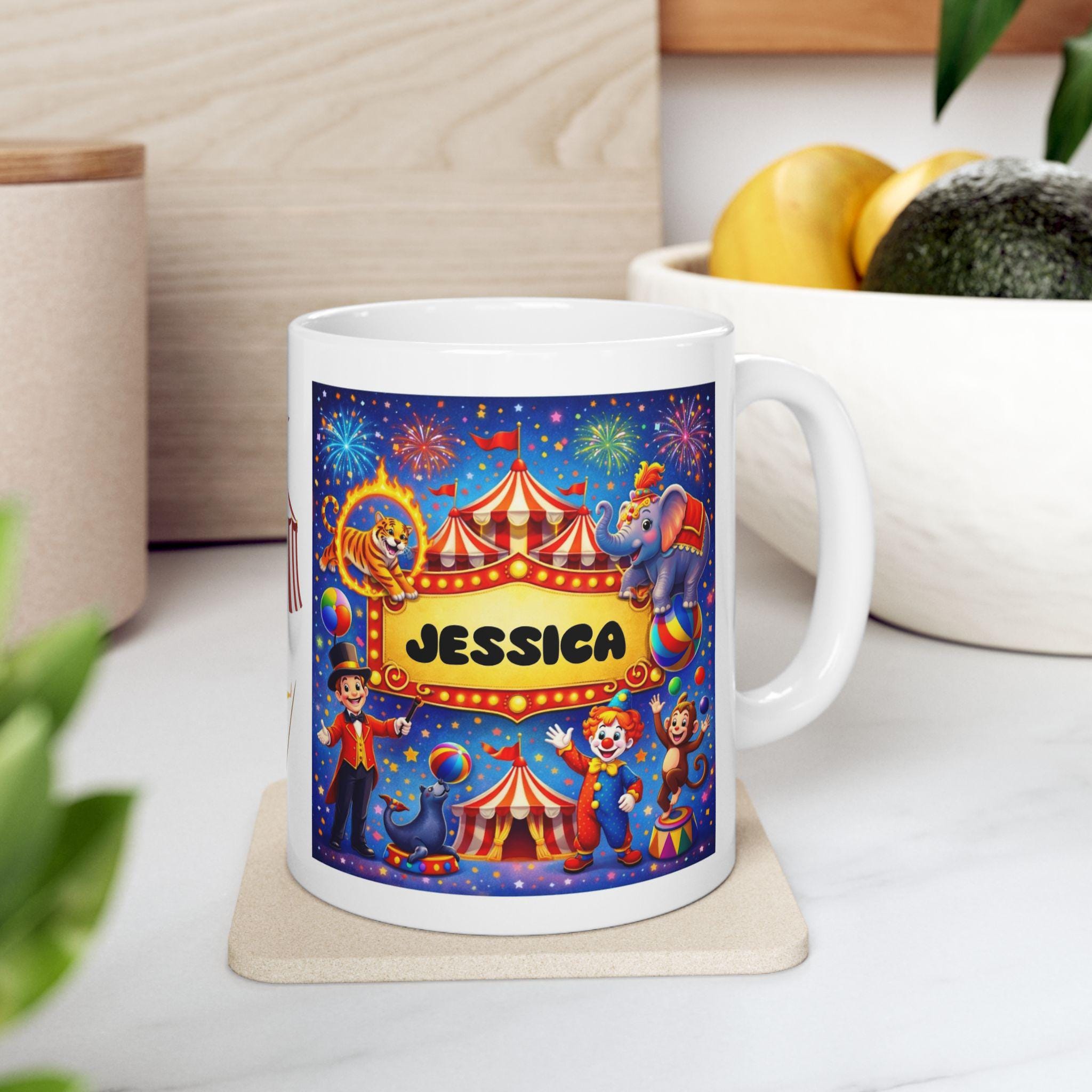 Personalised Children's Circus Mug, 11oz Ceramic, Boy, Girl, Colourful, Animals