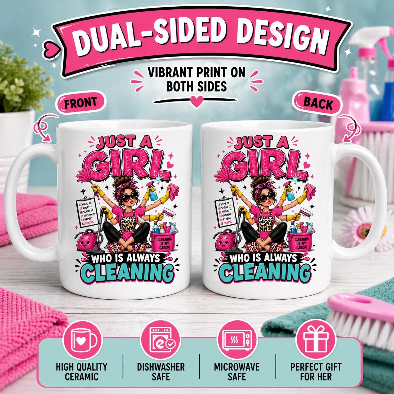 Personalised Just A Girl Who Loves Cleaning Mug, 11oz Coffee Cup