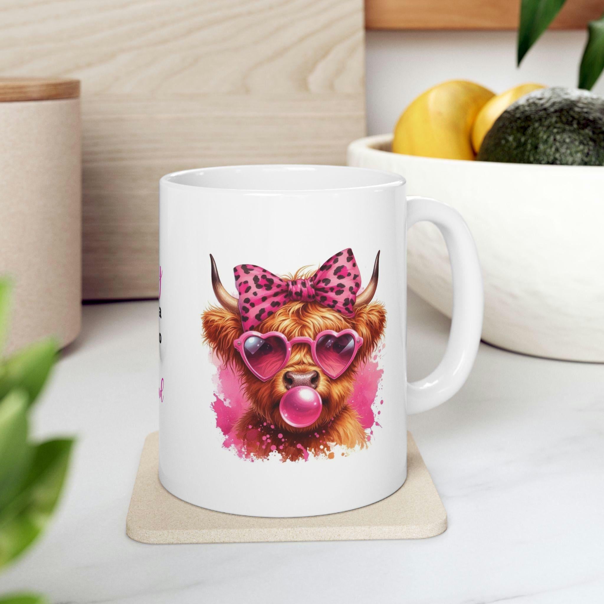 Personalised Highland Cow Mug, Pink Animal Design 11oz Ceramic Coffee Cup Drinkware Washable