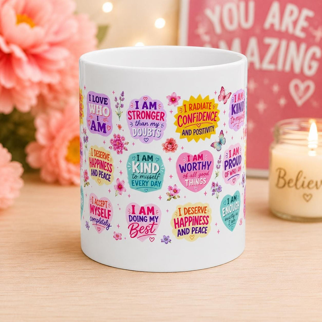 Positive affirmation mug, self love gift, motivational coffee cup, mental wellness mug, colourful inspirational mug 11oz