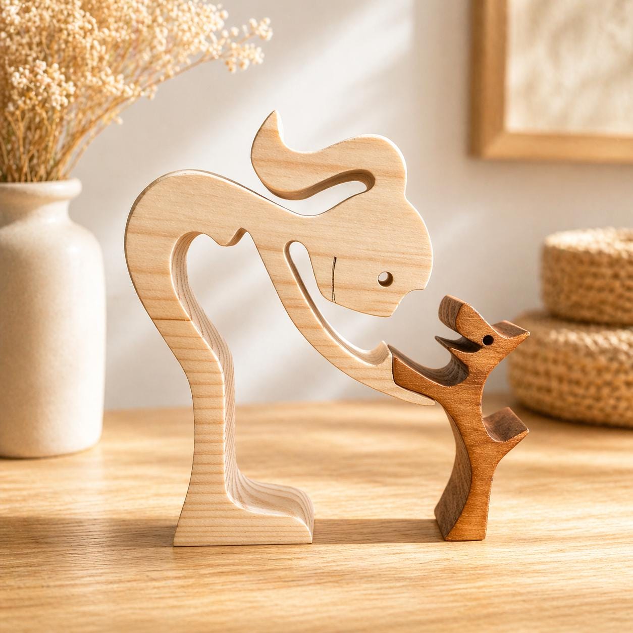 woman and dog, Wooden sculpture, Hand made,  Craftmanship, Animal, Dog, Unique