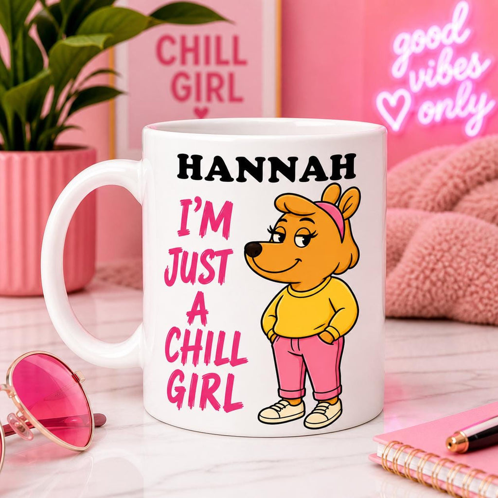 Personalised Chill Girl Mug, Novelty Gift, Pink Heart, 11oz Ceramic
