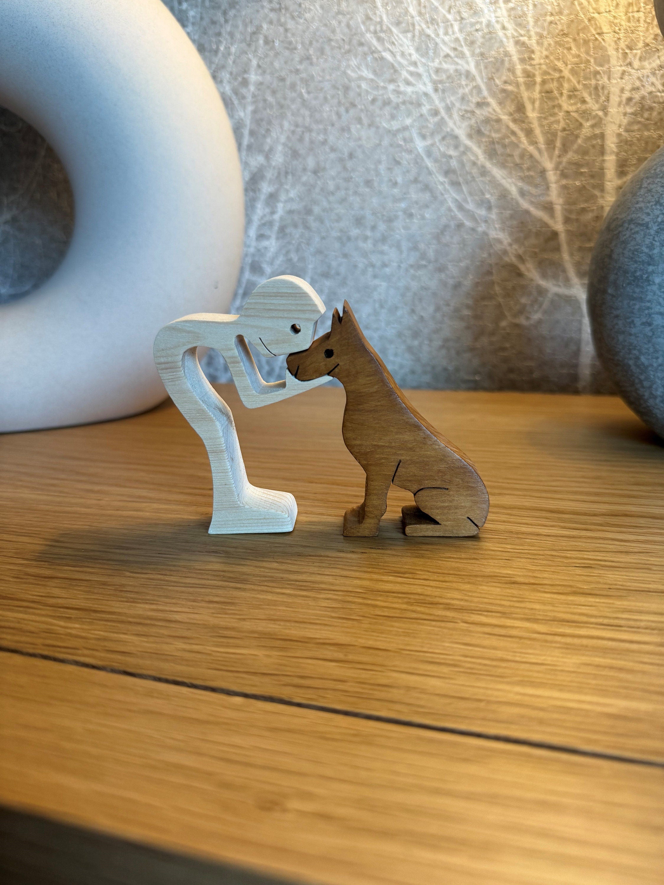 Man and Dog wooden Sculpture. Hand made